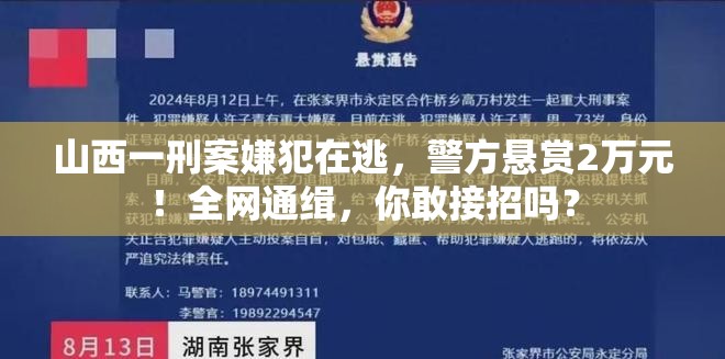 山西一刑案嫌犯在逃，警方悬赏2万元！全网通缉，你敢接招吗？